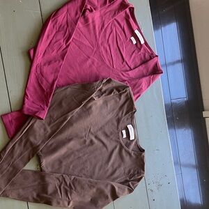 Babaton Two Long Sleeve Tops Size 2XS Brown Round Neck, Maroon Deep Scoop Neck